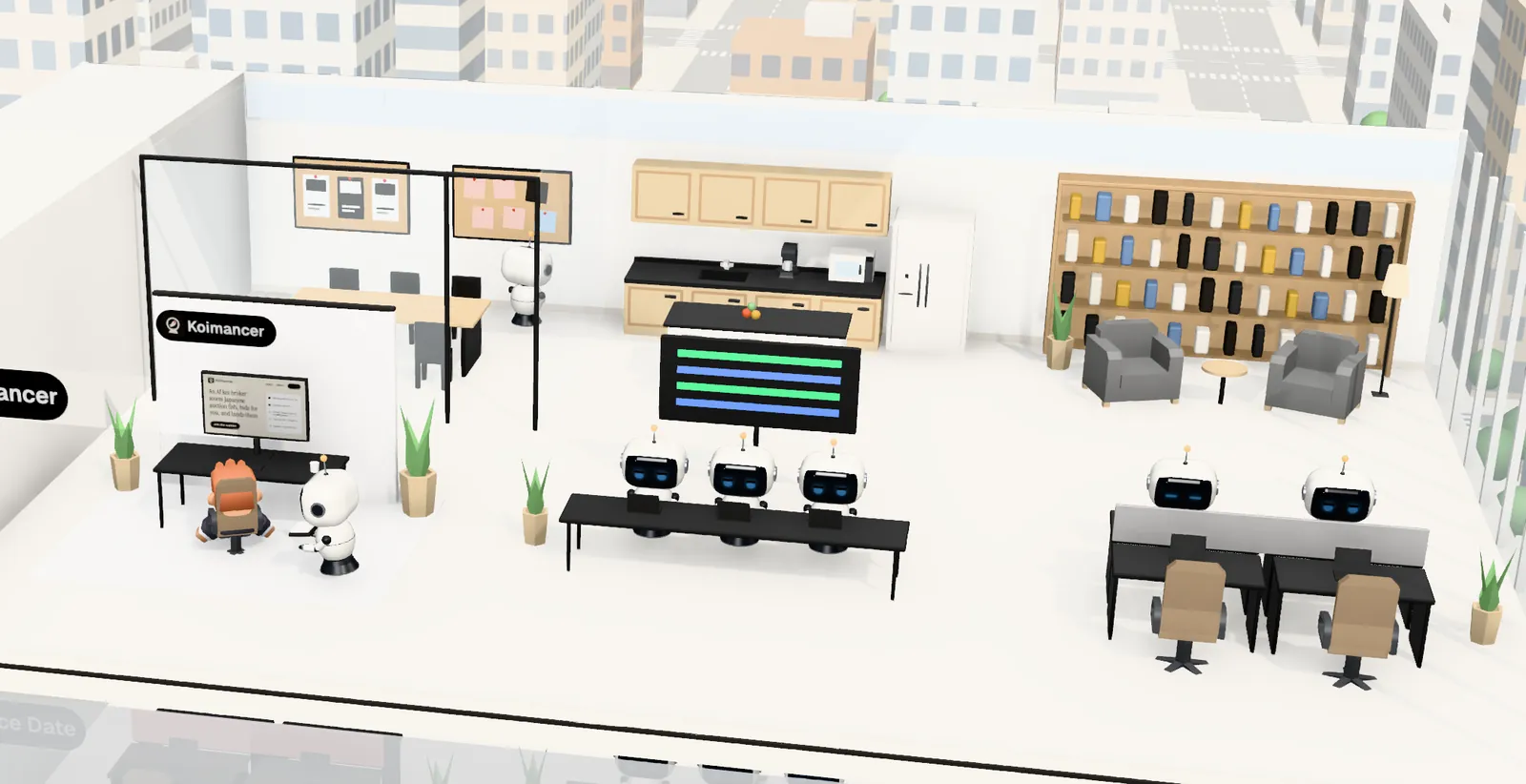 Koimancer’s office on floor 14 of Tower 1: the owner’s desk with the website on screen, the agents’ bench, a meeting room and a library